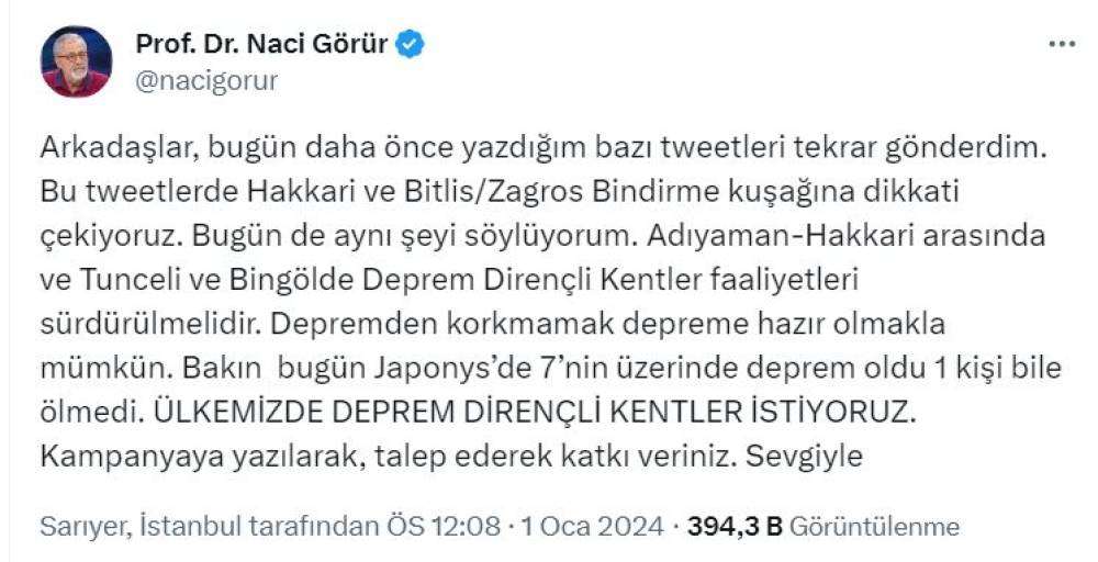 Deprem uzmanı Naci Görür 2024'ün ilk uyarısını yaptı: 5 ile işaret etti 